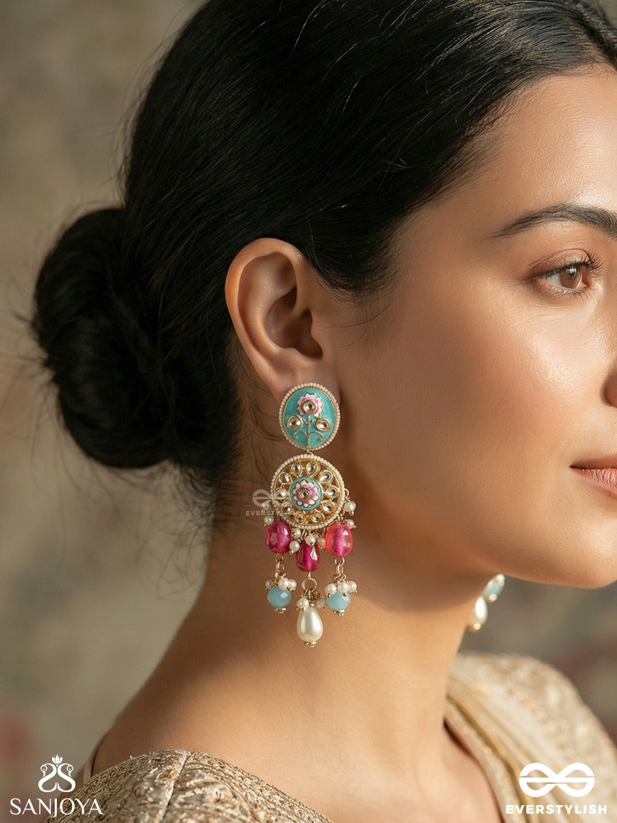 Chitrapriya - Lover Of Art - Statement Earrings With Enamelled Floral Panel And Multi-Gem Drop Accents