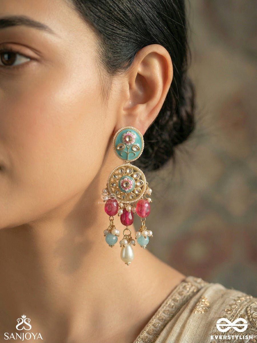Chitrapriya - Lover Of Art - Statement Earrings With Enamelled Floral Panel And Multi-Gem Drop Accents