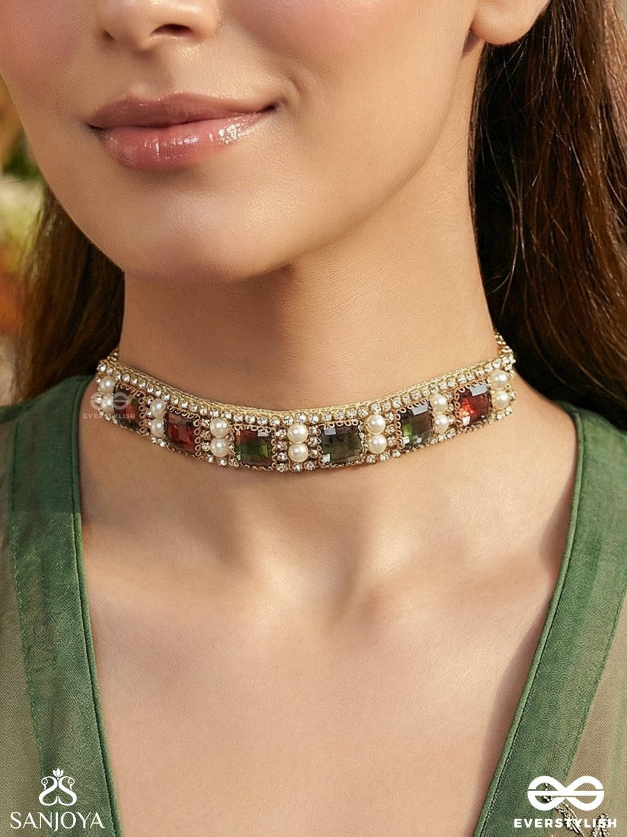 Mriganayani - Soft Gaze - Panelled Necklace With Pastel Stone Blocks And Pearl Lined Frame
