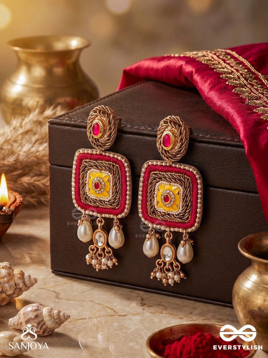 Ranggranthi - Knot Of Colours - Statement Earrings With Textured Frame, Enamelled Centre And Pearl Drop Accents