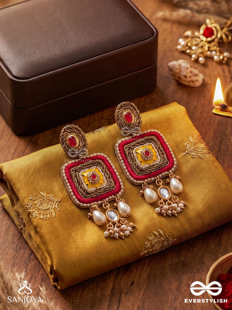 Ranggranthi - Knot Of Colours - Statement Earrings With Textured Frame, Enamelled Centre And Pearl Drop Accents