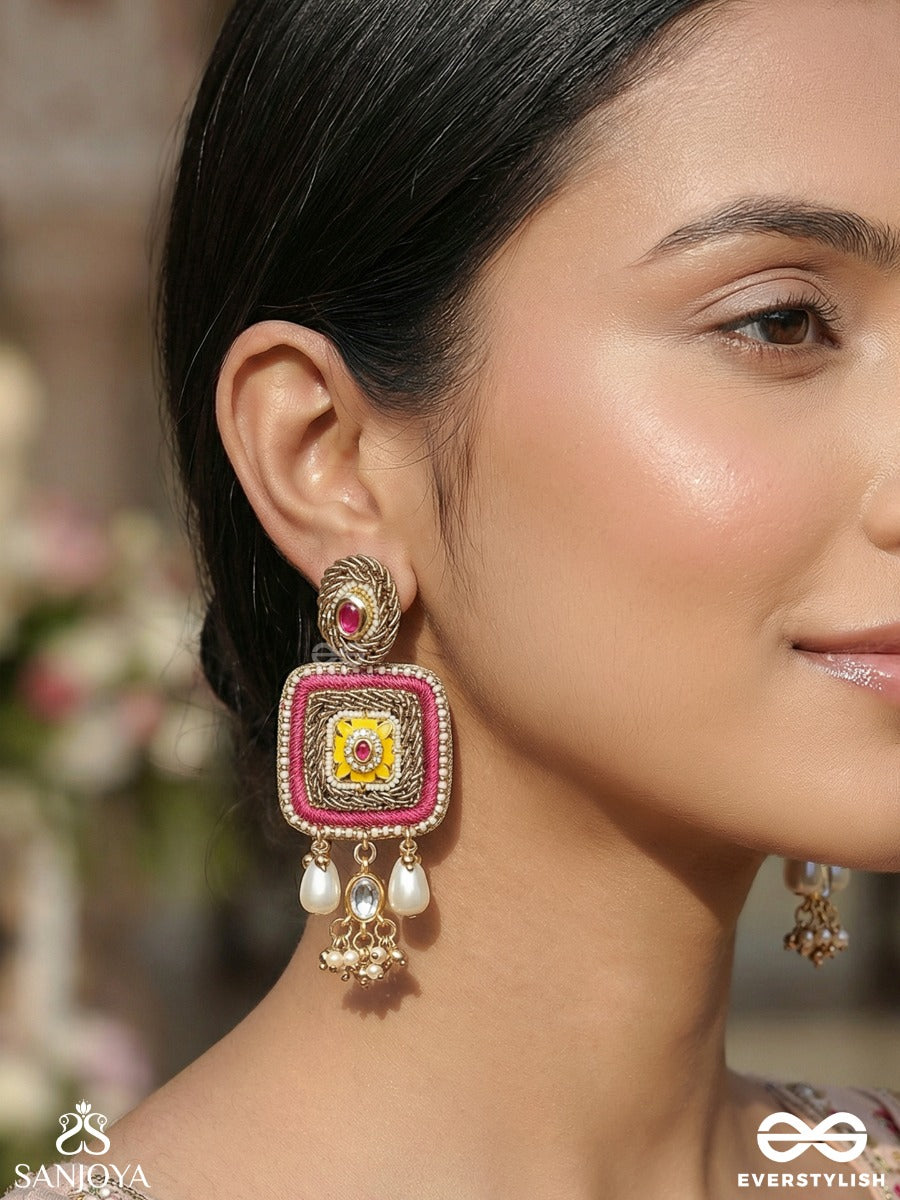 Ranggranthi - Knot Of Colours - Statement Earrings With Textured Frame, Enamelled Centre And Pearl Drop Accents