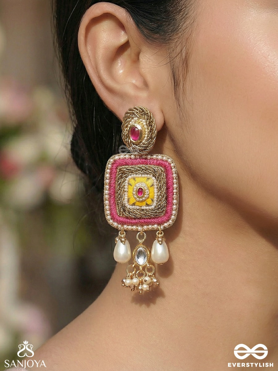 Ranggranthi - Knot Of Colours - Statement Earrings With Textured Frame, Enamelled Centre And Pearl Drop Accents