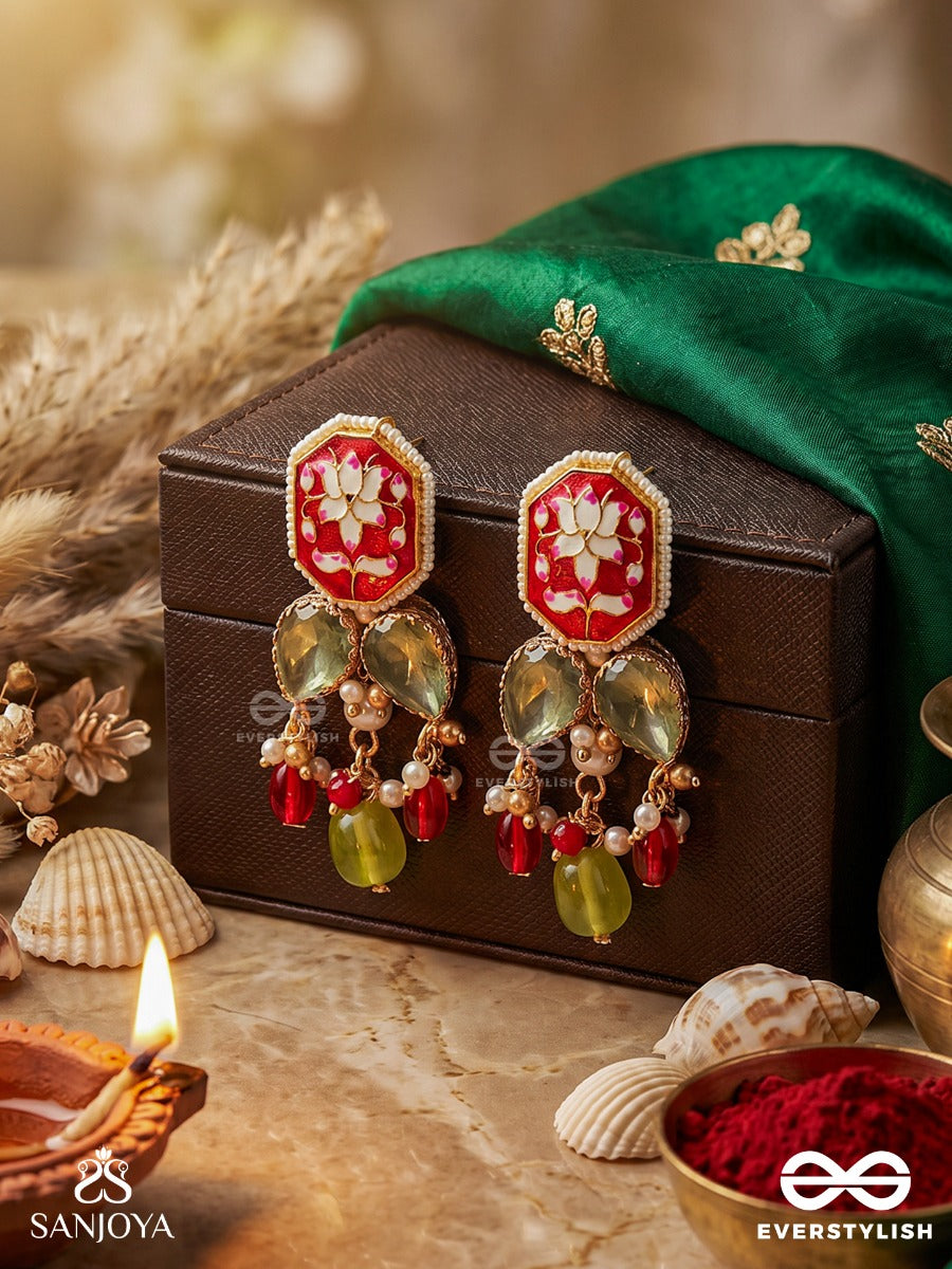 Ratnapadma - Jewelled Lotus - Festive Earrings With Floral Enamel Panel And Gem Accents