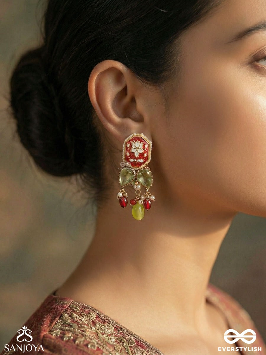 Ratnapadma - Jewelled Lotus - Festive Earrings With Floral Enamel Panel And Gem Accents