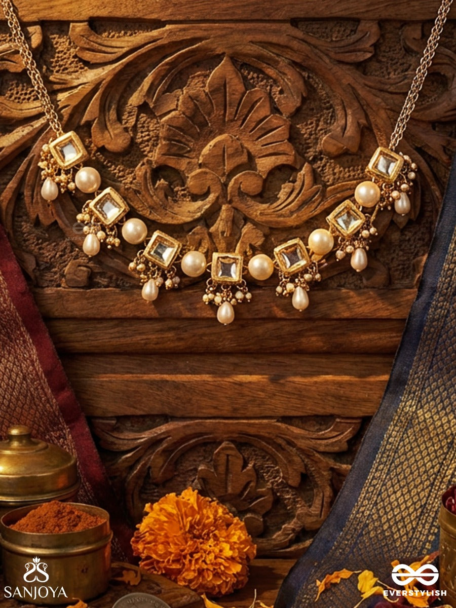 Chandrasara - Essence Of The Moon - Elegant Necklace With Repeating Polki Links And Pearl Cluster Accents