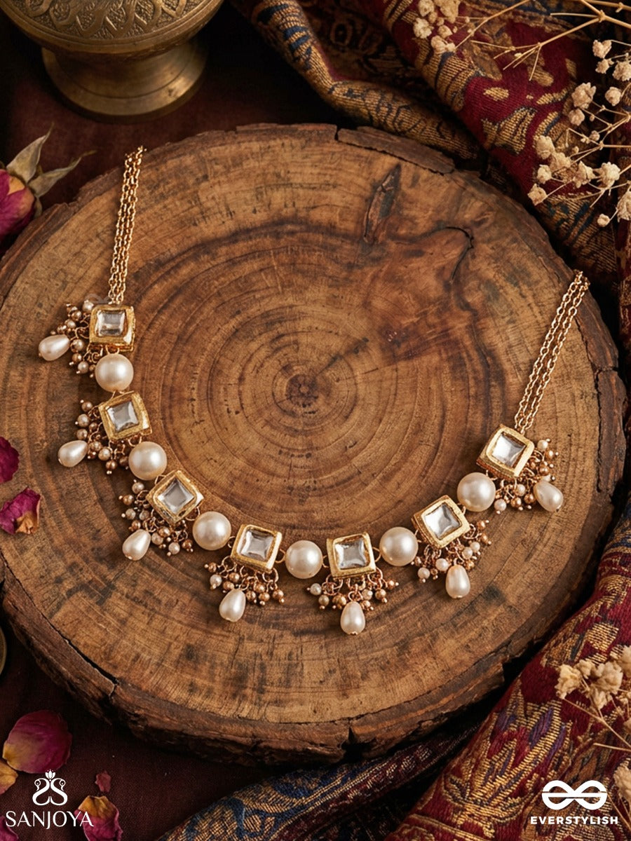 Chandrasara - Essence Of The Moon - Elegant Necklace With Repeating Polki Links And Pearl Cluster Accents