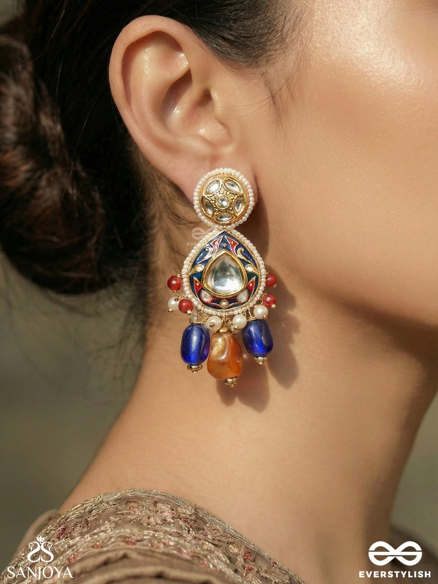 Neelarunika - Blue And Dawn Hues - Statement Earrings With Enamelled Panel And Multi-Stone Drop Accents