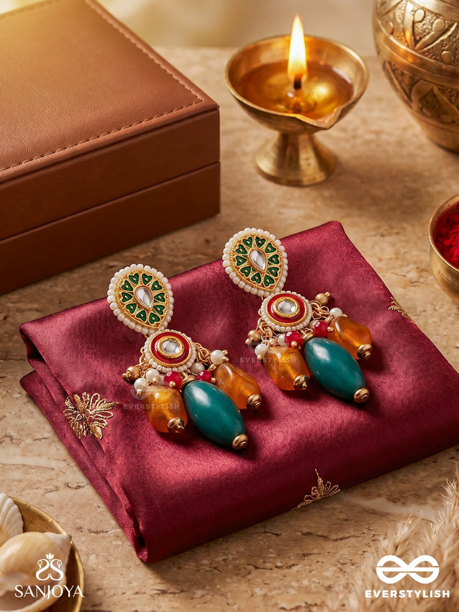 Surratika - Divine Adornment - Statement Earrings With Gemmed Panel And Drop Accent Clusters