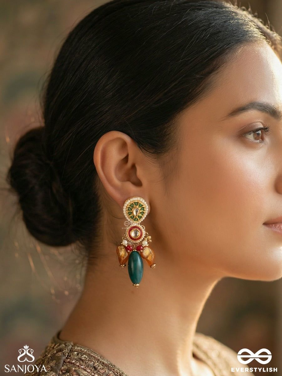 Surratika - Divine Adornment - Statement Earrings With Gemmed Panel And Drop Accent Clusters