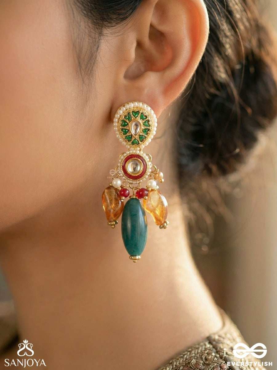 Surratika - Divine Adornment - Statement Earrings With Gemmed Panel And Drop Accent Clusters