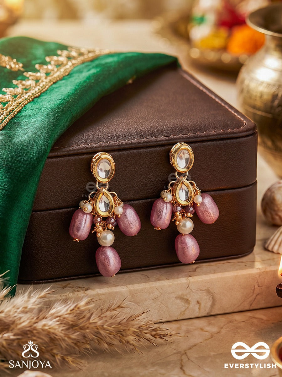 Mridulshraya - Gentle Abode - Elegant Earrings With Faceted Stones And Soft Pink Drop Details