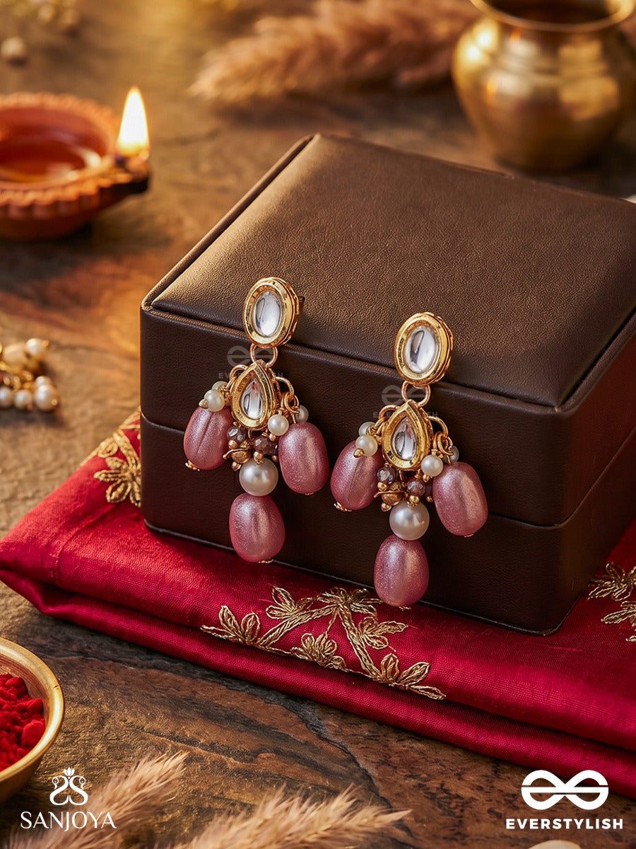 Mridulshraya - Gentle Abode - Elegant Earrings With Faceted Stones And Soft Pink Drop Details