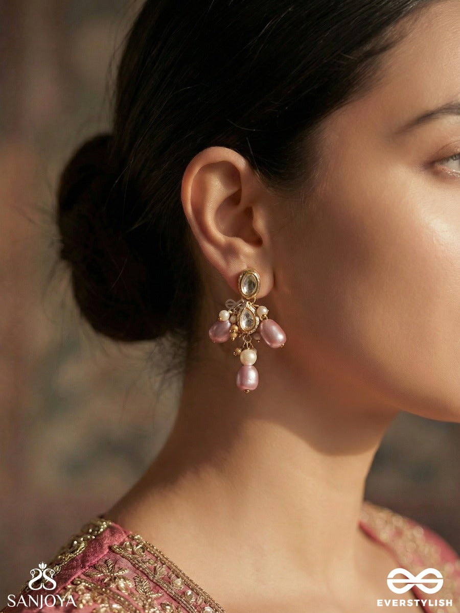 Mridulshraya - Gentle Abode - Elegant Earrings With Faceted Stones And Soft Pink Drop Details