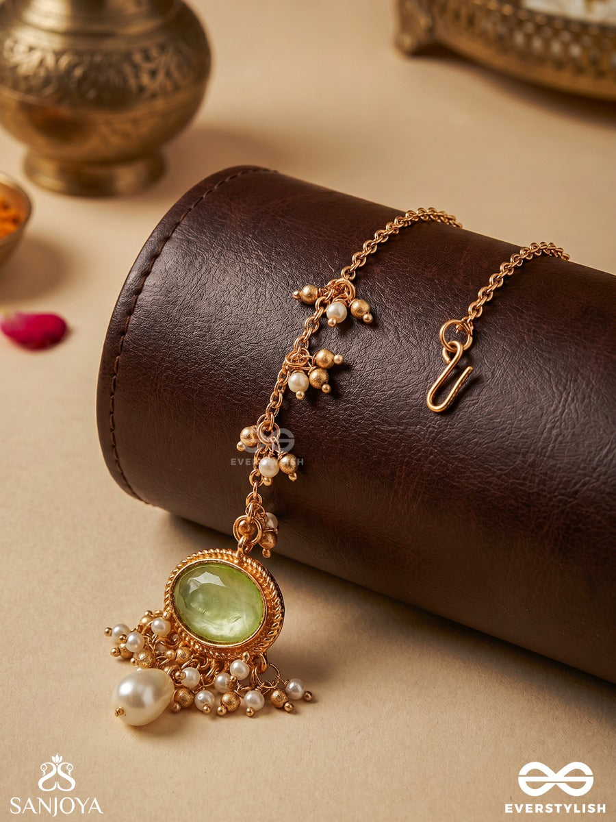 Marakatika - Emerald Glow - Elegant Maangtika With Gem Medallion And Ornate Gold Fringe
