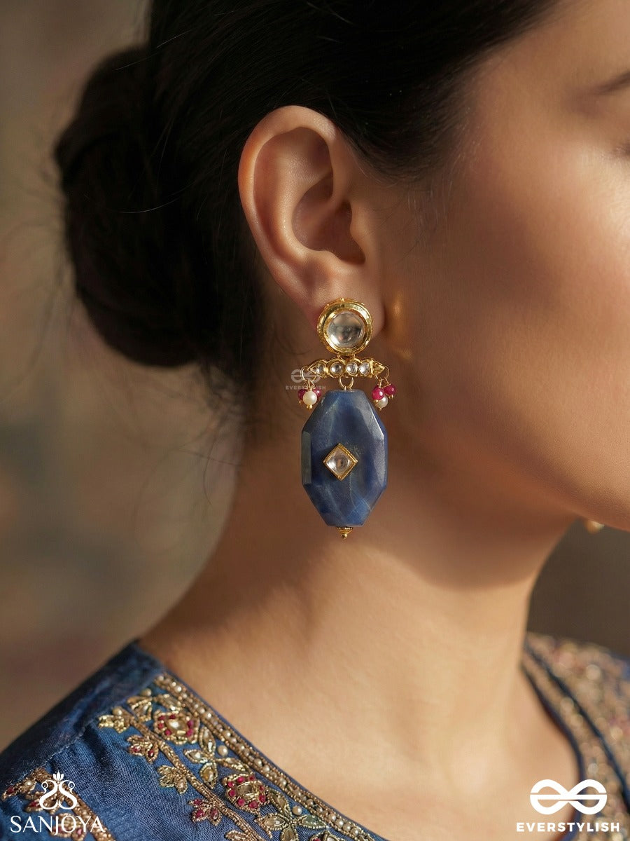 Neelpratika - Blue Emblem - Statement Earrings With Faceted Blue Panel And Polki Accent Detail