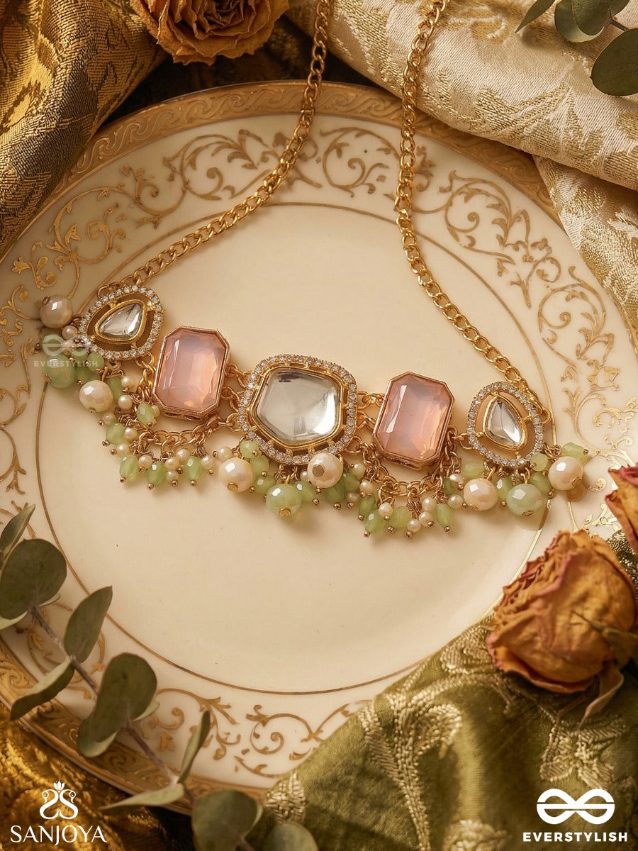 Mridulprabha - Soft Radiance - Delicate Necklace With Pastel Gem Panels And Pearl Cluster Accents