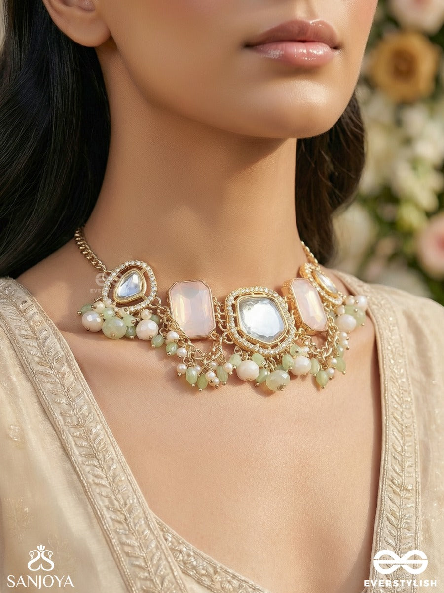 Mridulprabha - Soft Radiance - Delicate Necklace With Pastel Gem Panels And Pearl Cluster Accents