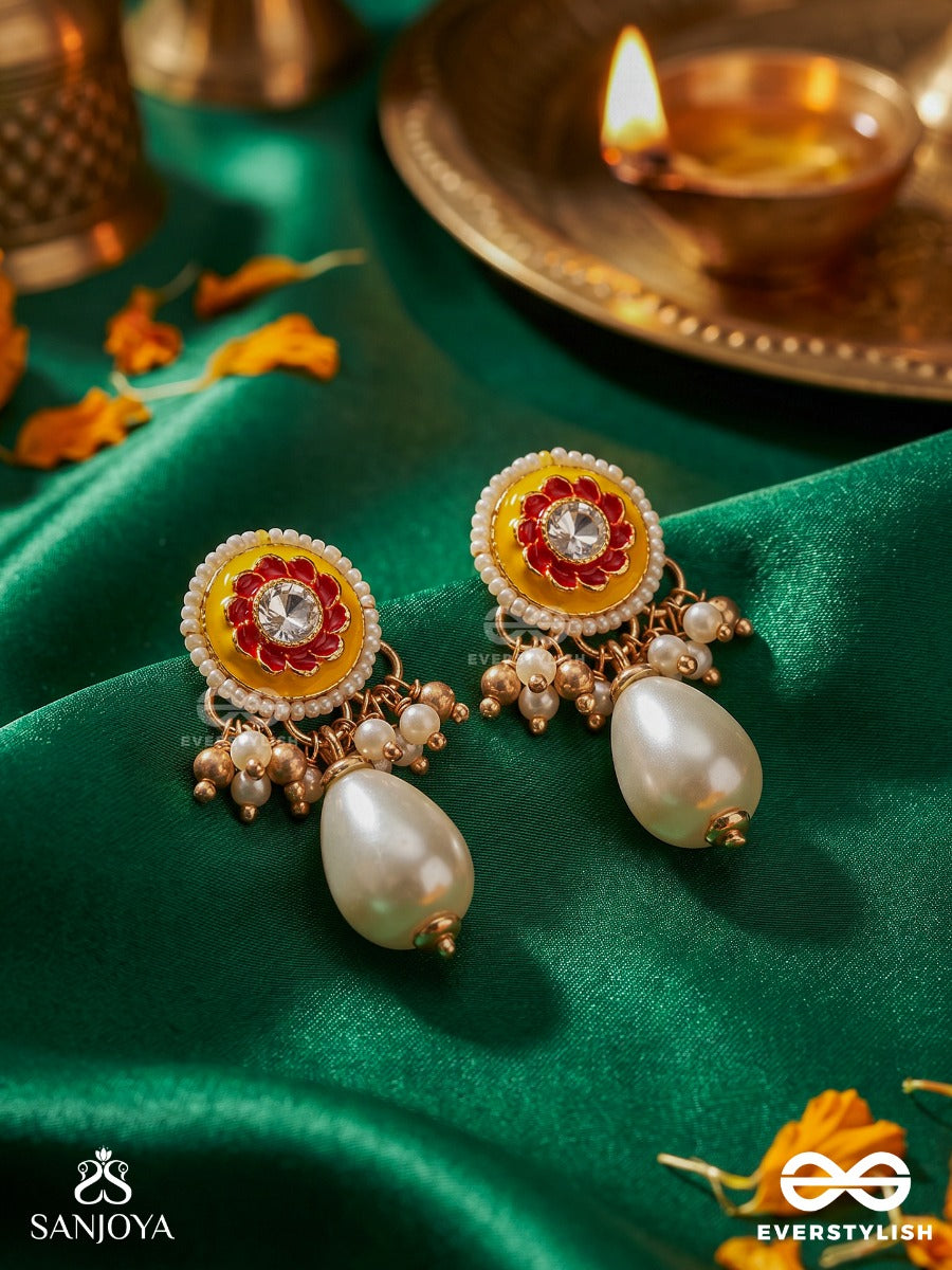 Surakusuma - Divine Blossom - Ornate Earrings With Floral Enamel Panel And Single Pearl Dangler
