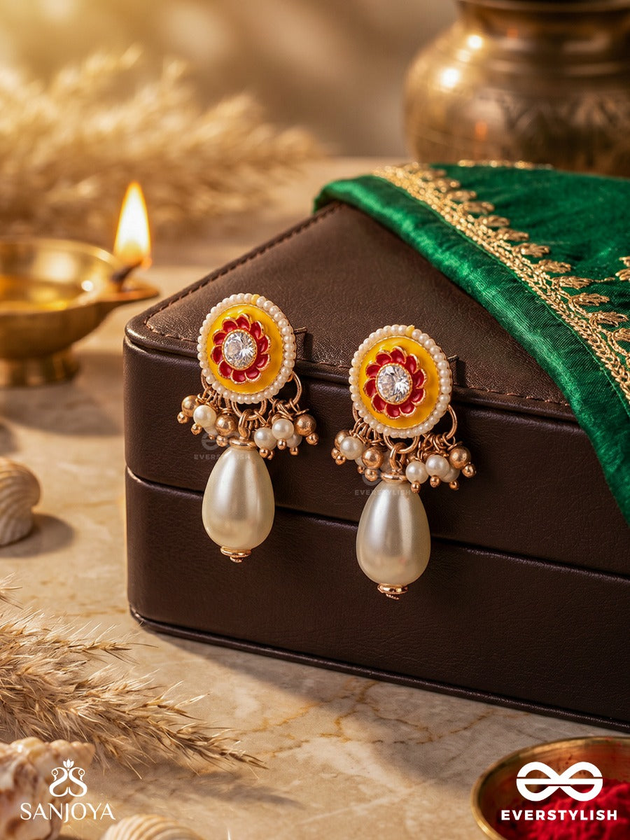 Surakusuma - Divine Blossom - Ornate Earrings With Floral Enamel Panel And Single Pearl Dangler