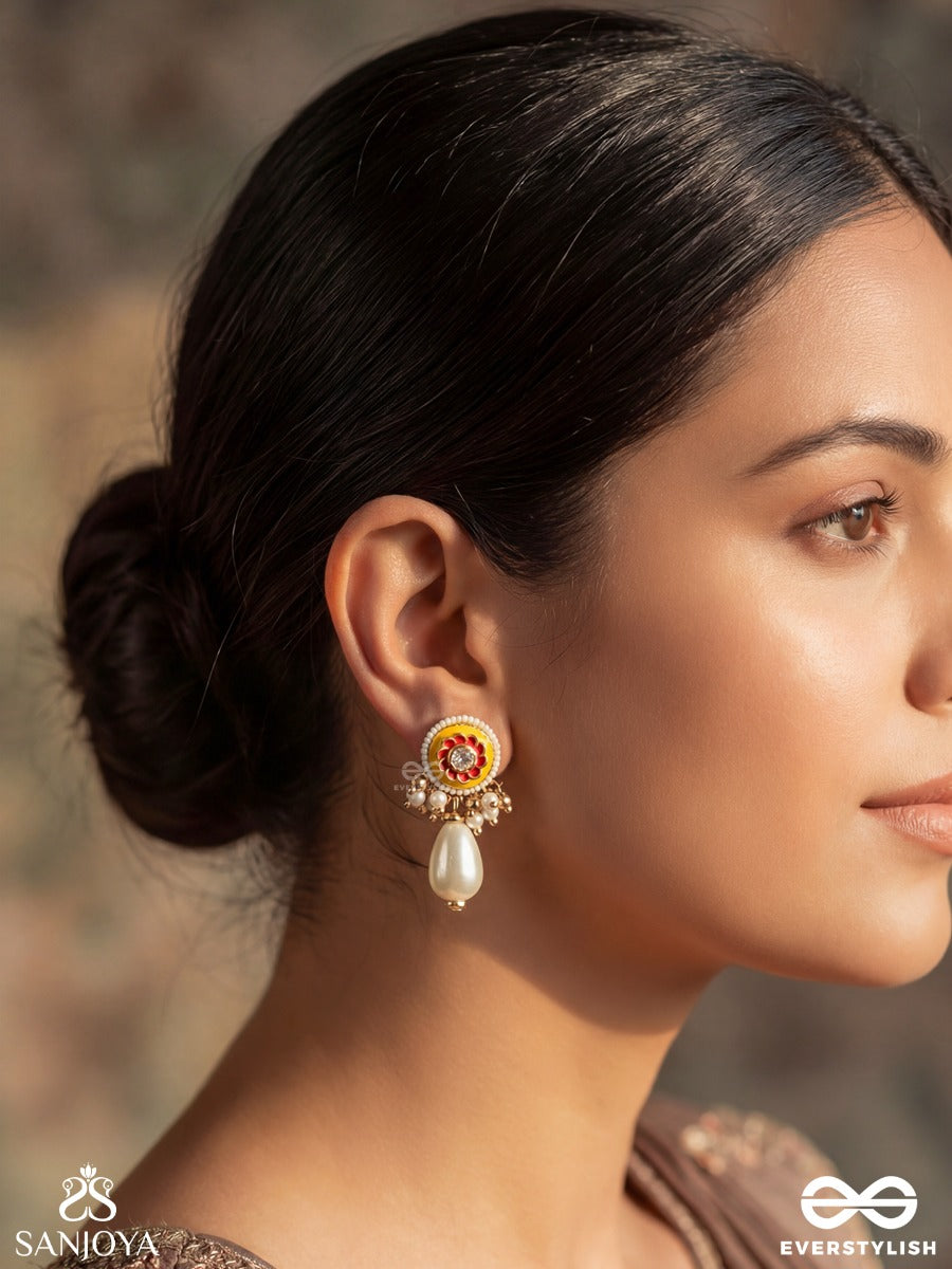Surakusuma - Divine Blossom - Ornate Earrings With Floral Enamel Panel And Single Pearl Dangler