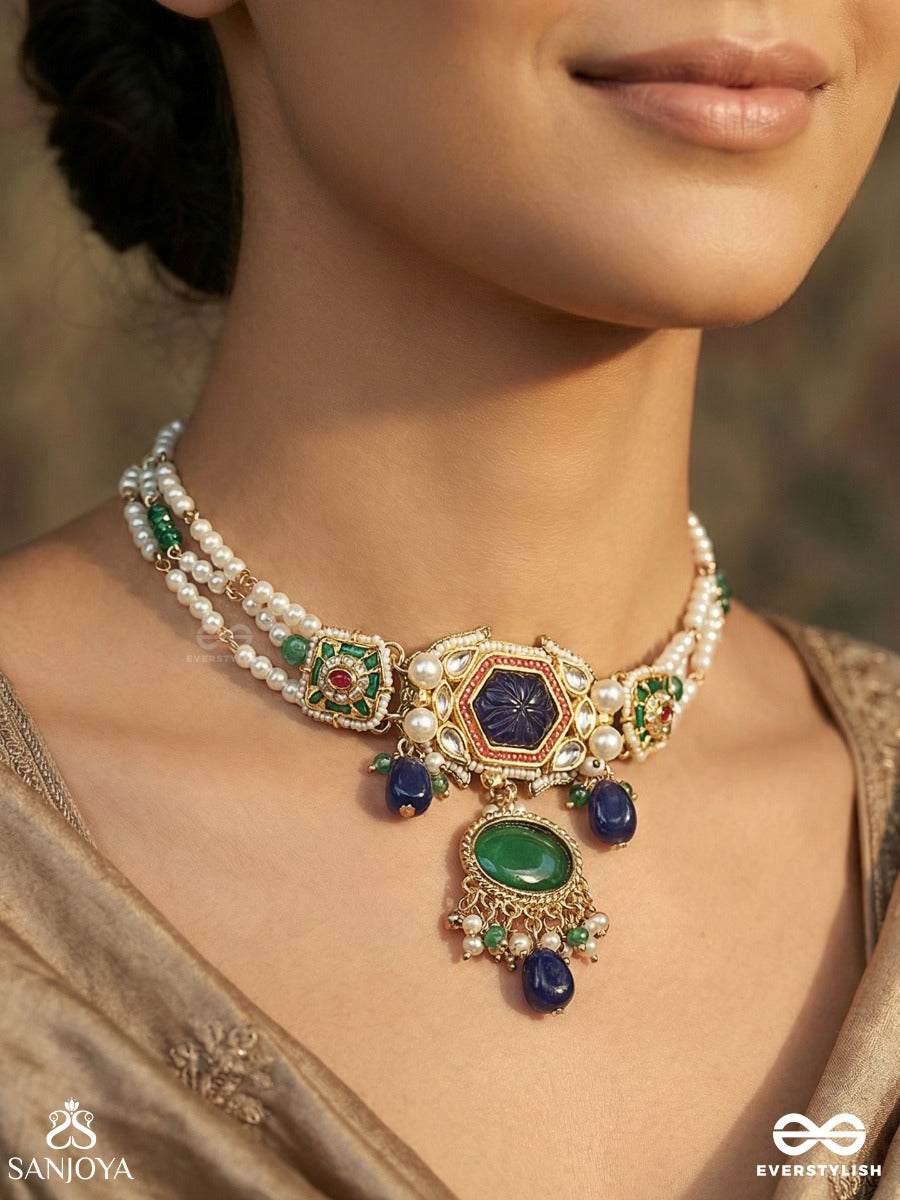 Neelketana - Emblem Of Blue - Elegant Necklace With Pearl Strands, Gem Panels And Blue Drop Accents