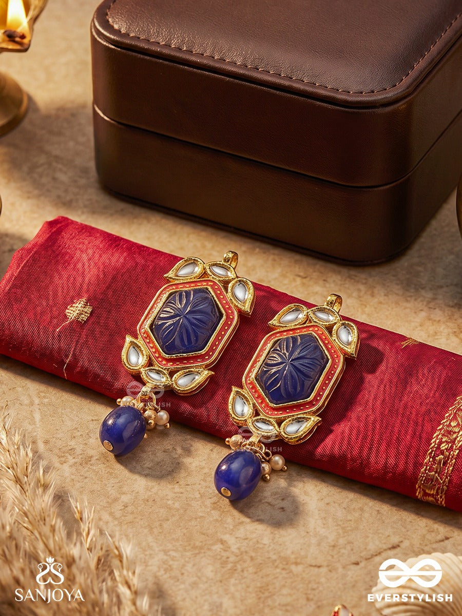 Neelketana - Emblem Of Blue - Statement Earrings With Faceted Blue Stone And Enamelled Frame With Drop Accents