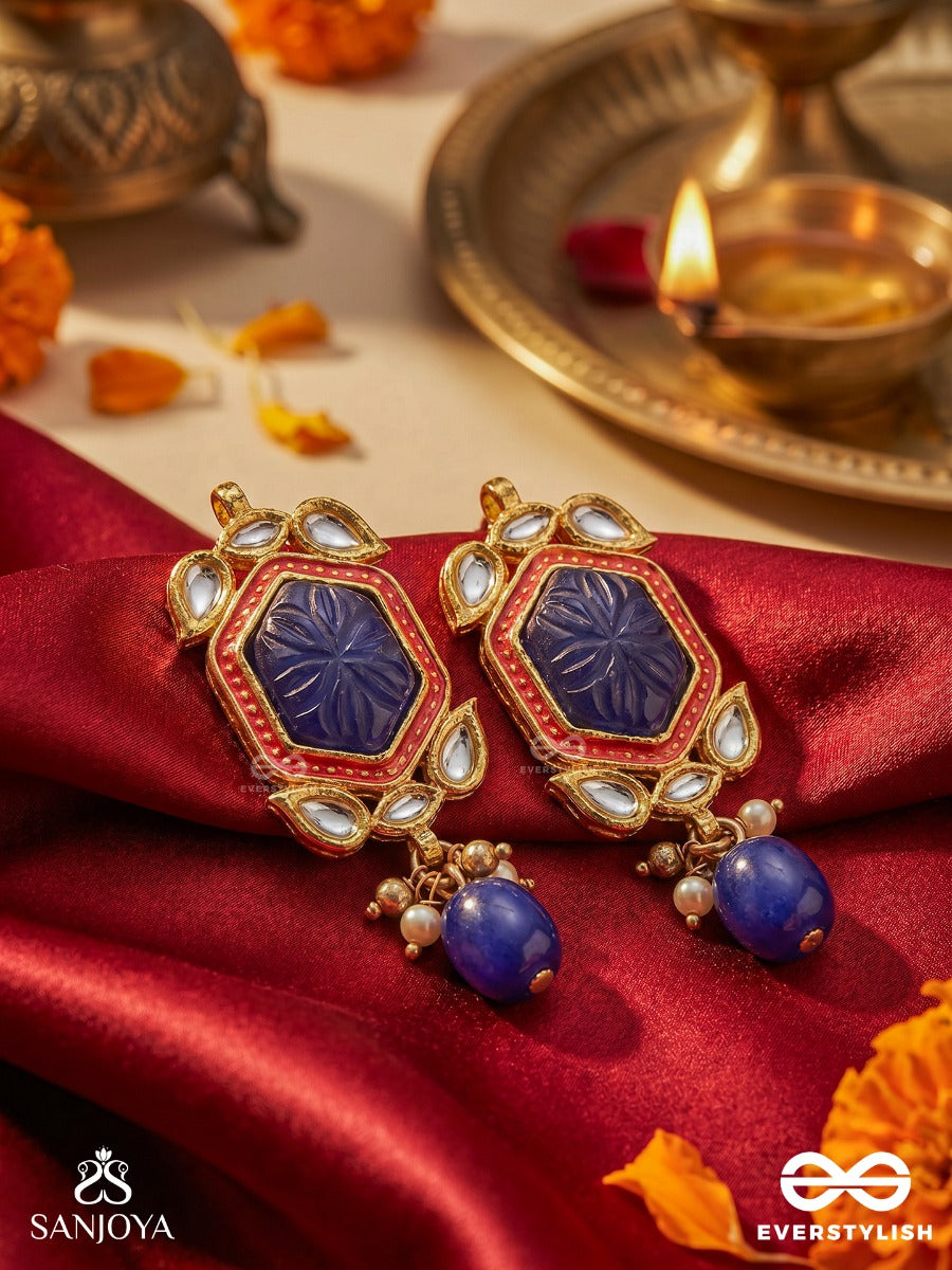 Neelketana - Emblem Of Blue - Statement Earrings With Faceted Blue Stone And Enamelled Frame With Drop Accents