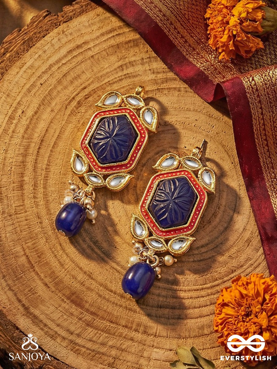 Neelketana - Emblem Of Blue - Statement Earrings With Faceted Blue Stone And Enamelled Frame With Drop Accents