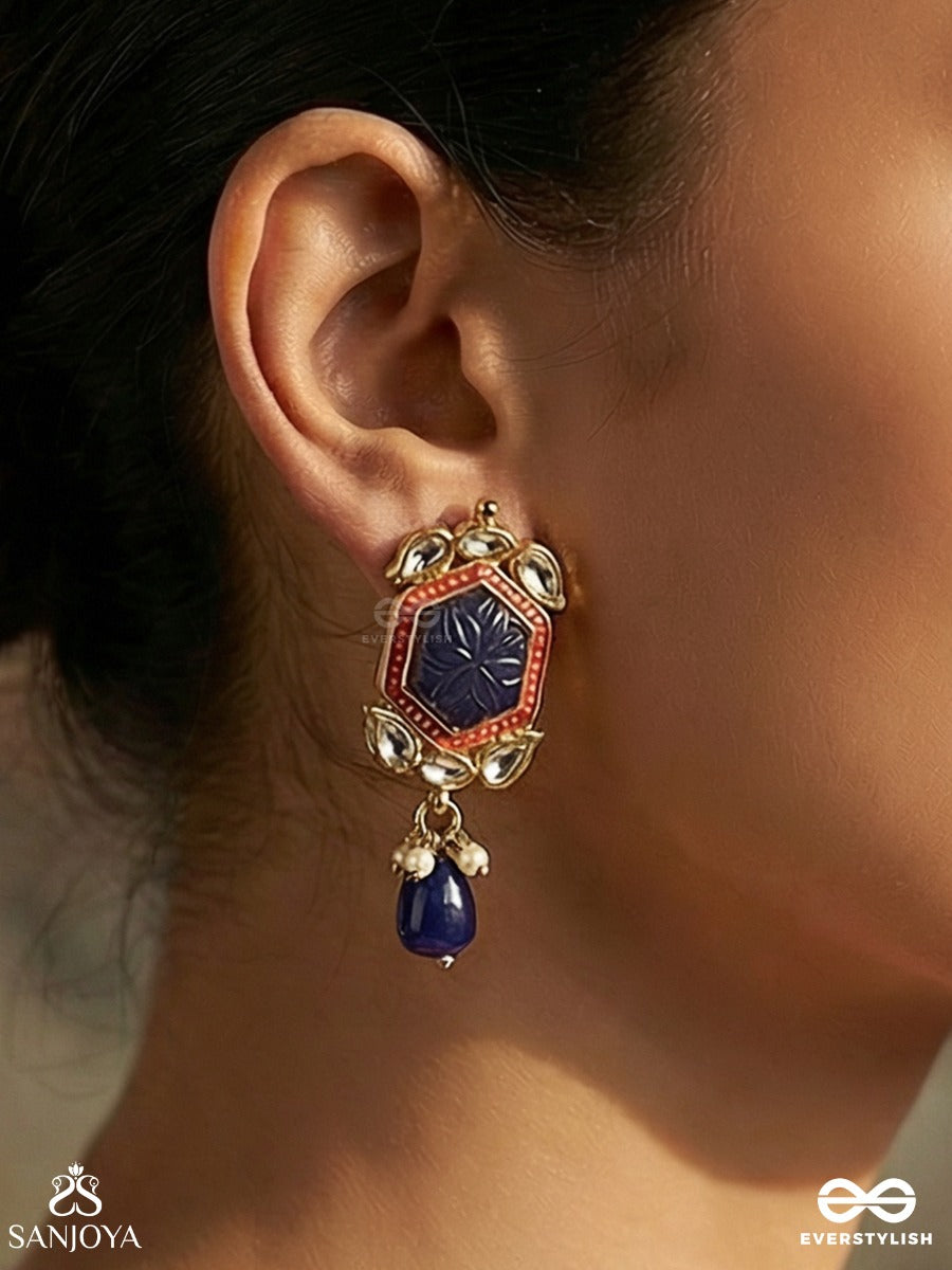 Neelketana - Emblem Of Blue - Statement Earrings With Faceted Blue Stone And Enamelled Frame With Drop Accents