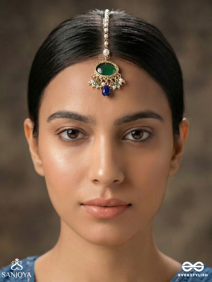 Neelketana - Emblem Of Blue - Delicate Maangtika With Gem Medallion And Dangling Blue Drop Detail