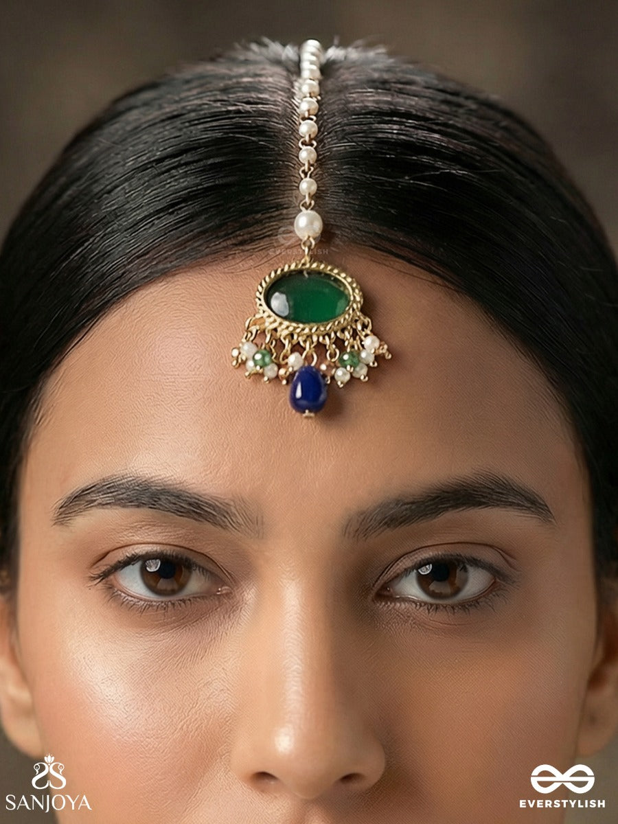 Neelketana - Emblem Of Blue - Delicate Maangtika With Gem Medallion And Dangling Blue Drop Detail