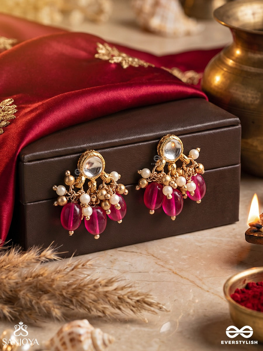 Maniraga - Melody Of Gems - Elegant Earrings With Faceted Red Stones And Pearl Accents