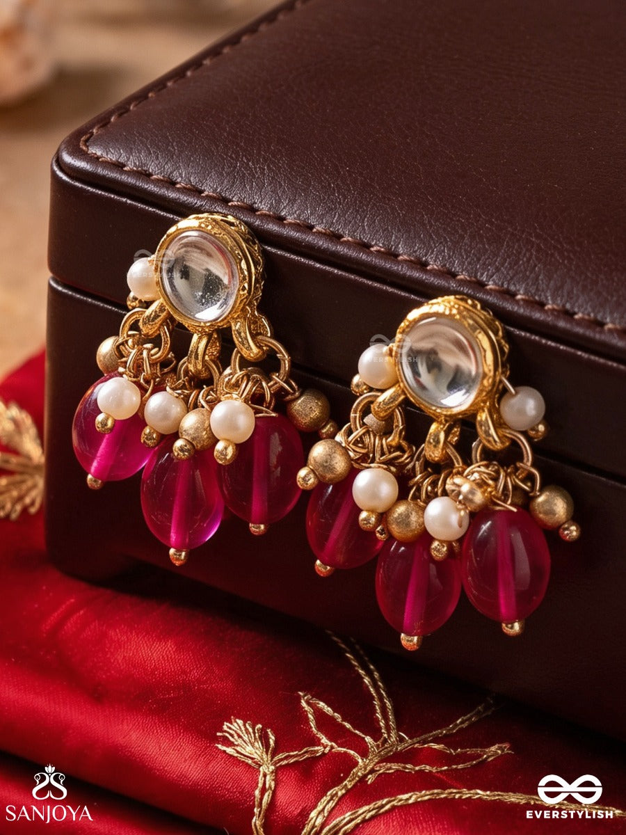 Maniraga - Melody Of Gems - Elegant Earrings With Faceted Red Stones And Pearl Accents
