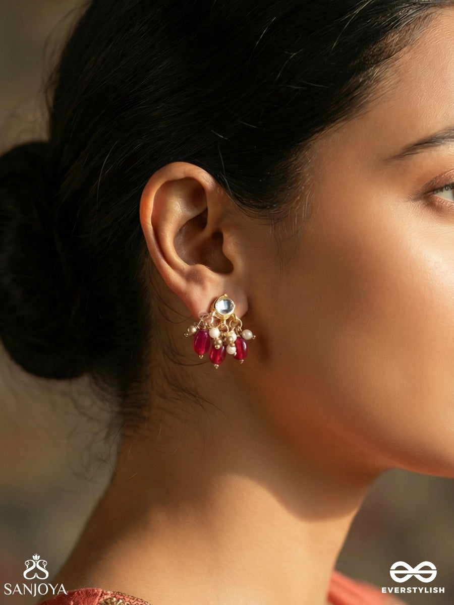 Maniraga - Melody Of Gems - Elegant Earrings With Faceted Red Stones And Pearl Accents