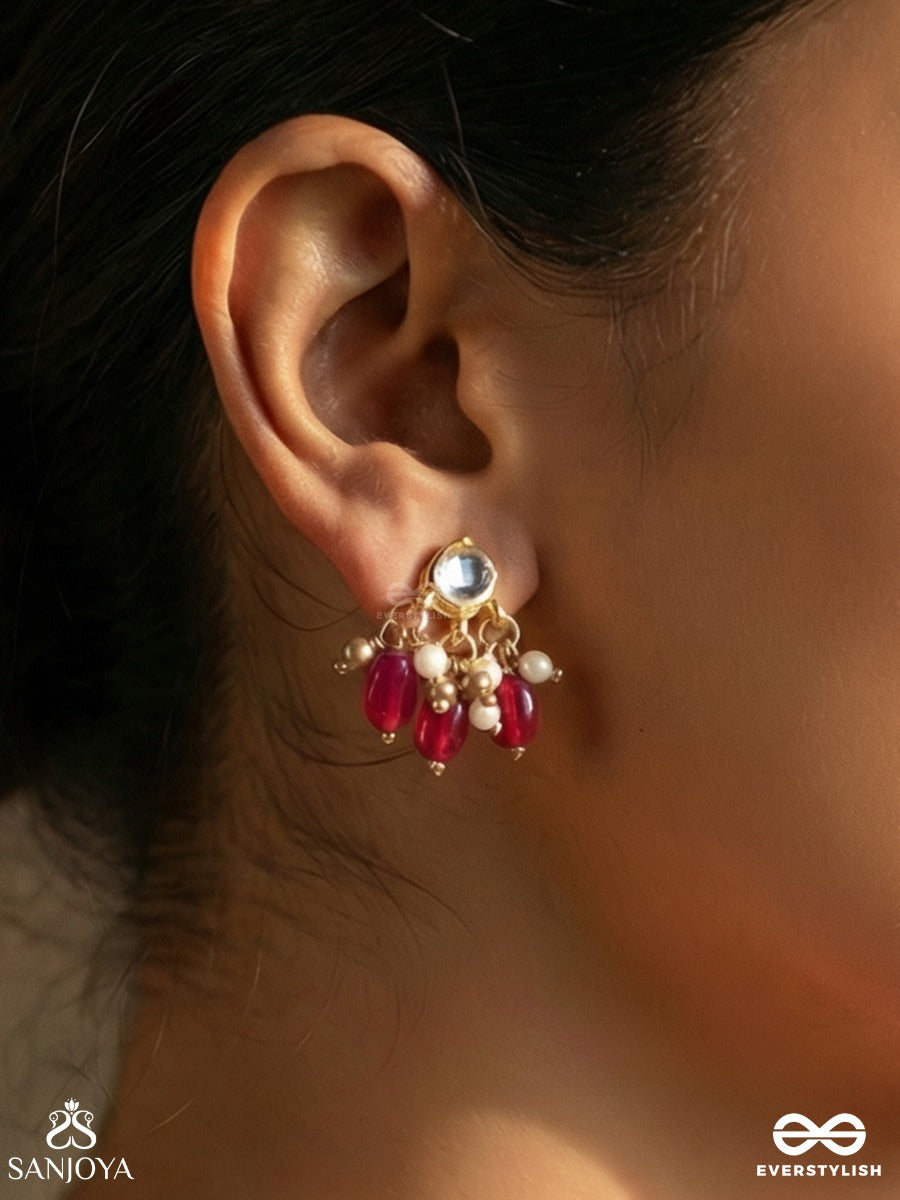 Maniraga - Melody Of Gems - Elegant Earrings With Faceted Red Stones And Pearl Accents