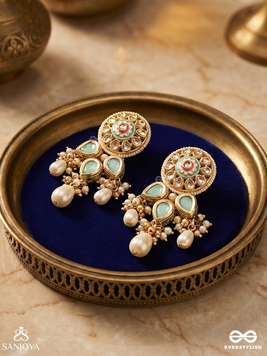 Meghvalli - Cloud Vine - Delicate Earrings With Enamelled Disc And Turquoise Drop Accents