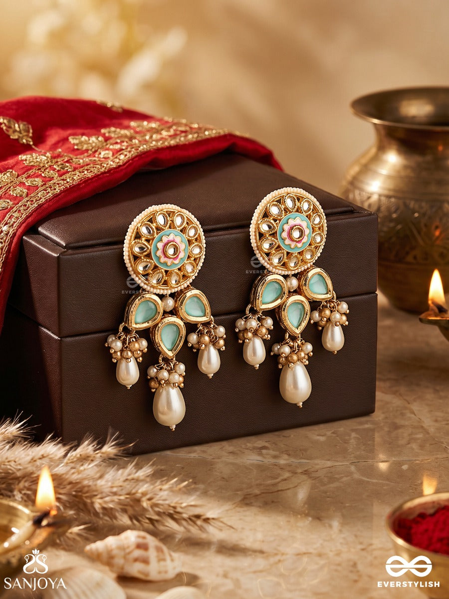 Meghvalli - Cloud Vine - Delicate Earrings With Enamelled Disc And Turquoise Drop Accents