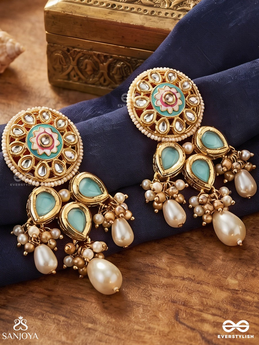Meghvalli - Cloud Vine - Delicate Earrings With Enamelled Disc And Turquoise Drop Accents