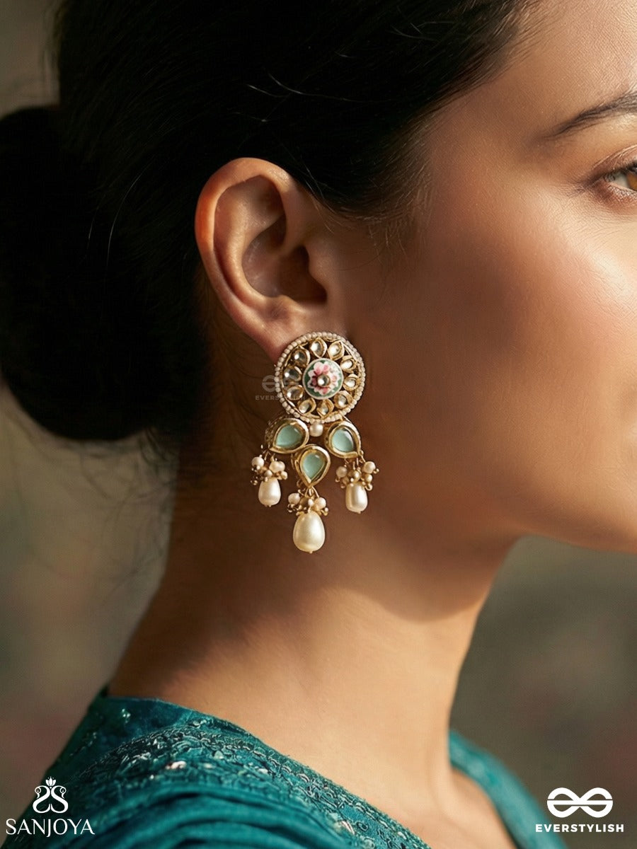 Meghvalli - Cloud Vine - Delicate Earrings With Enamelled Disc And Turquoise Drop Accents