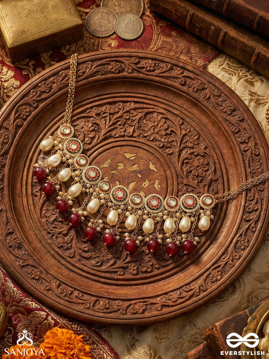 Surlekhita - Divine Design - Festive Necklace With Enamelled Medallions, Pearl Fringe And Ruby Drop Accents