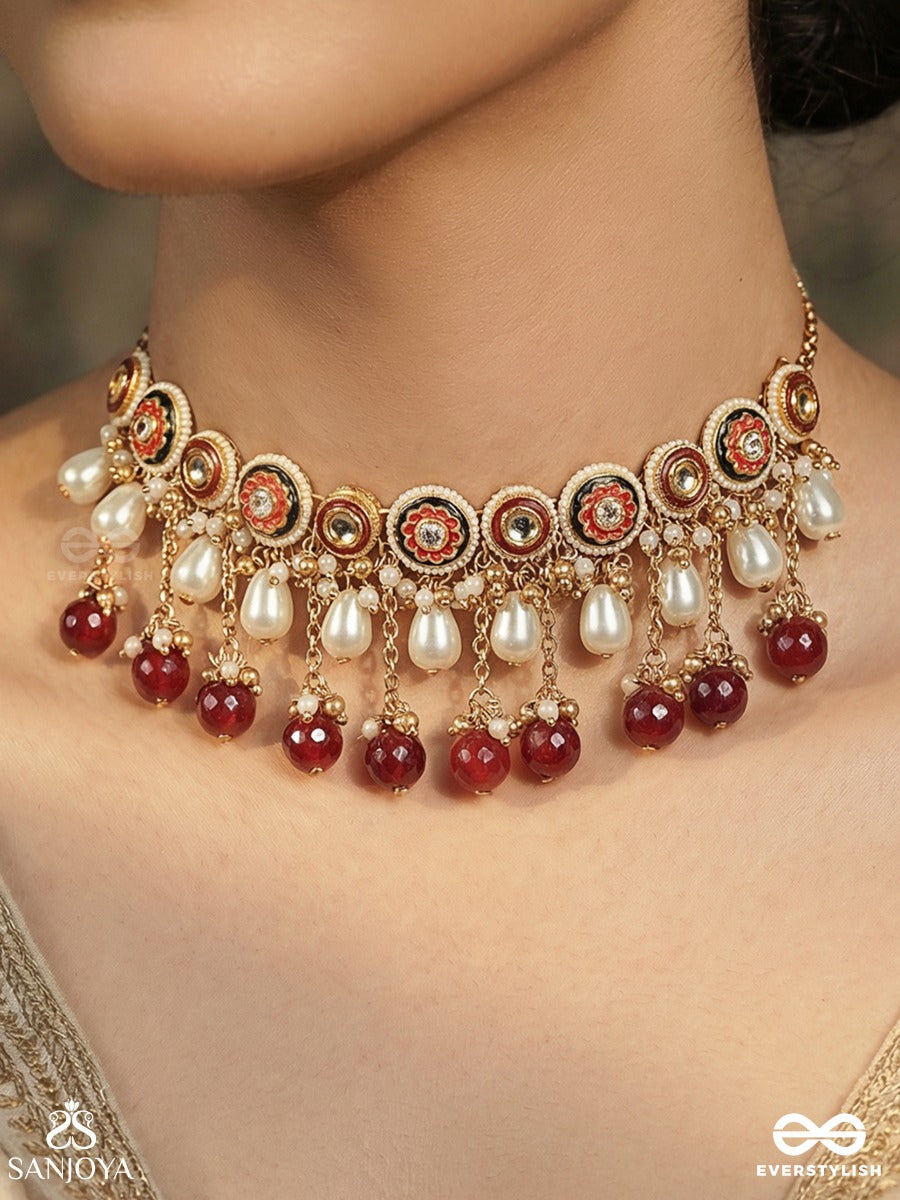 Surlekhita - Divine Design - Festive Necklace With Enamelled Medallions, Pearl Fringe And Ruby Drop Accents