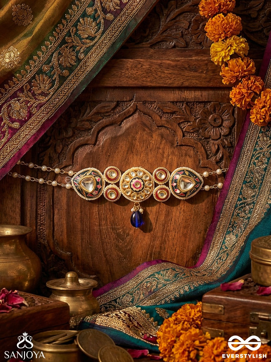 Alokpratika - Radiant Emblem - Ornate Necklace With Enamelled Medallions, Gem Details And Blue Drop Accent
