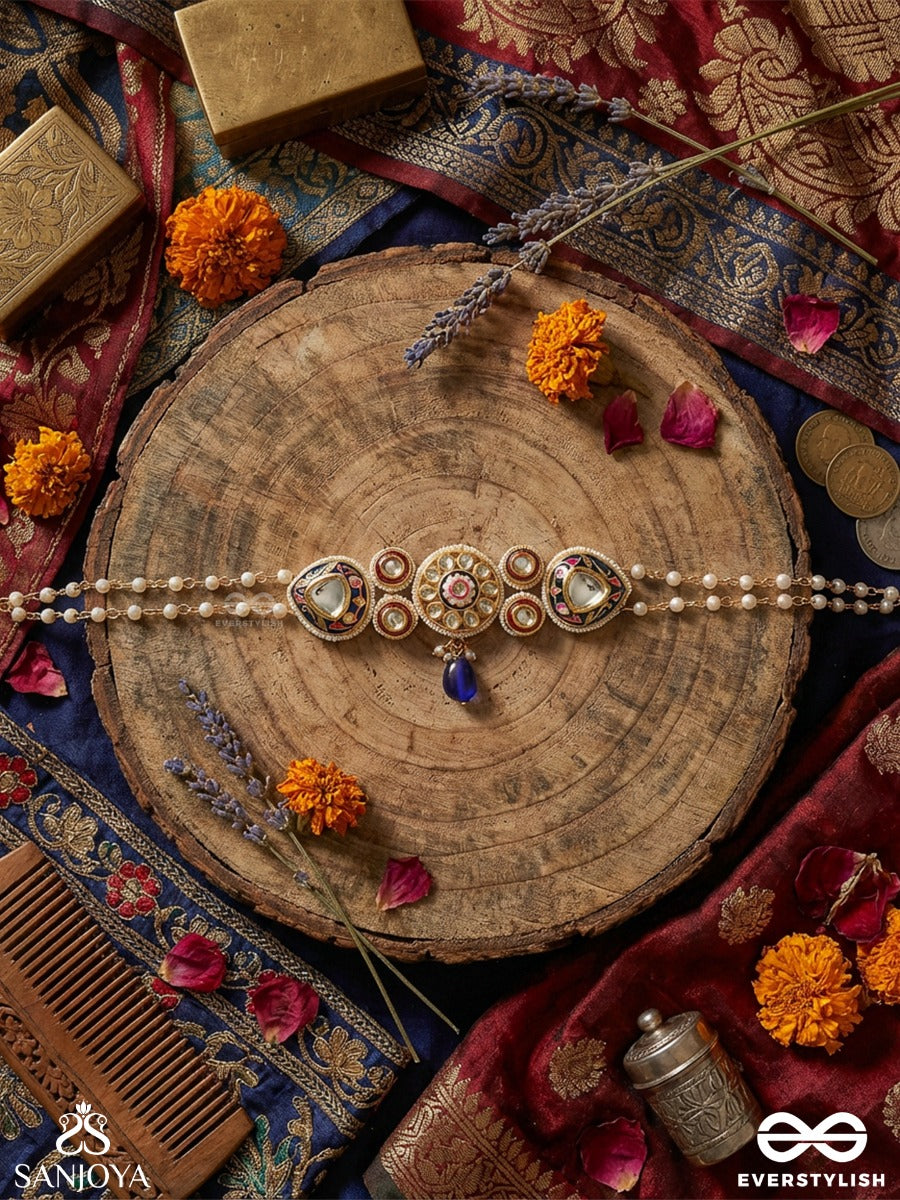 Alokpratika - Radiant Emblem - Ornate Necklace With Enamelled Medallions, Gem Details And Blue Drop Accent