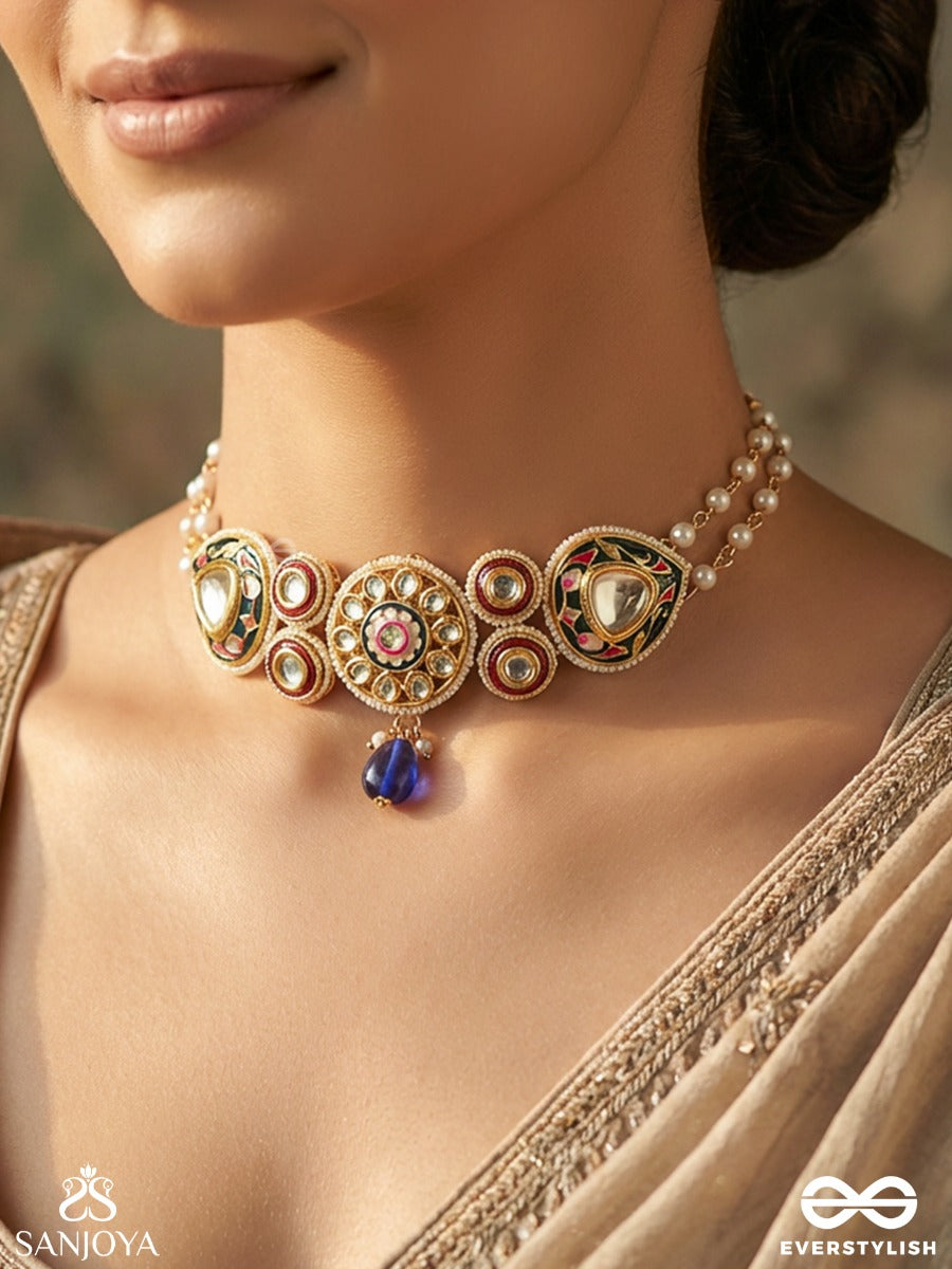 Alokpratika - Radiant Emblem - Ornate Necklace With Enamelled Medallions, Gem Details And Blue Drop Accent