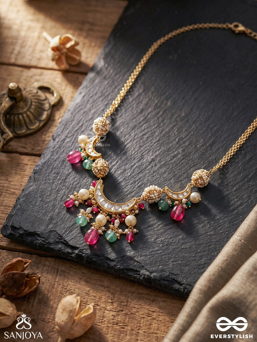 Surragini - Divine Melody - Festive Necklace With Ornamental Centre, Multi-Colour Dangling Drops And Pearl Accents