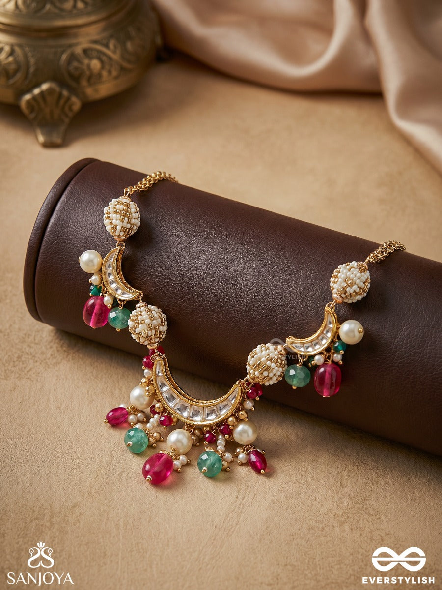 Surragini - Divine Melody - Festive Necklace With Ornamental Centre, Multi-Colour Dangling Drops And Pearl Accents