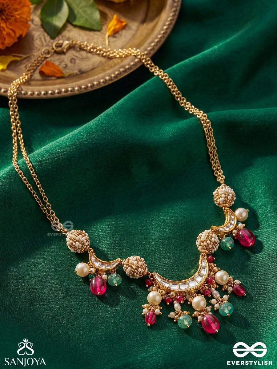 Surragini - Divine Melody - Festive Necklace With Ornamental Centre, Multi-Colour Dangling Drops And Pearl Accents