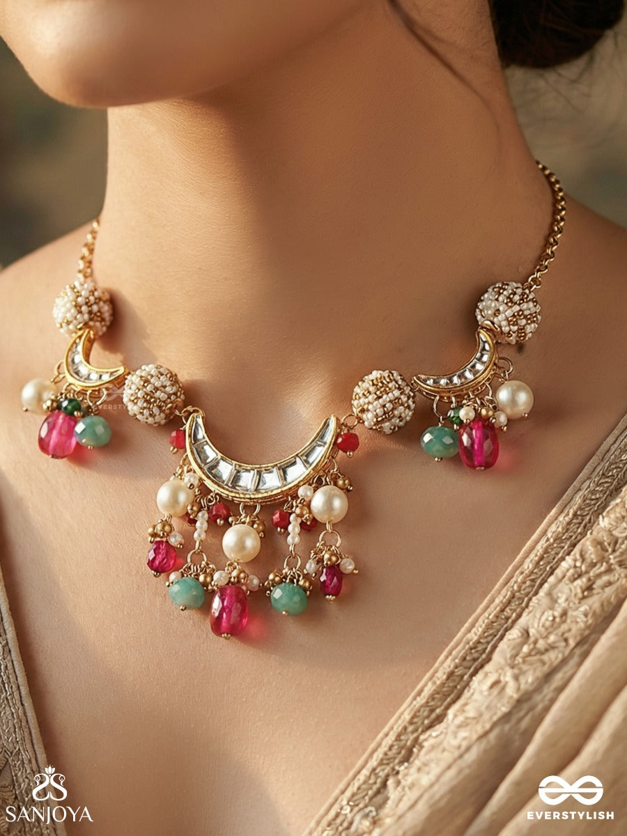Surragini - Divine Melody - Festive Necklace With Ornamental Centre, Multi-Colour Dangling Drops And Pearl Accents
