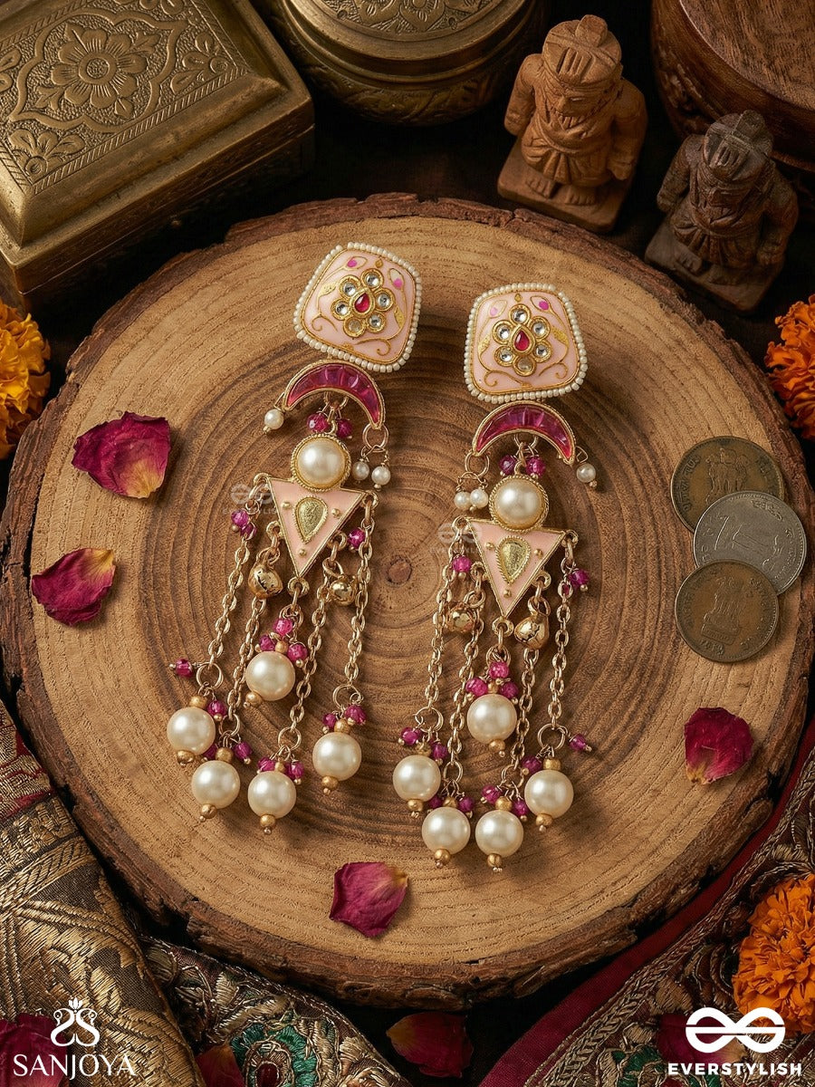Kamalrupa - Lotus Form - Statement Earrings With Enamelled Panel And Pearl Chain Cascade